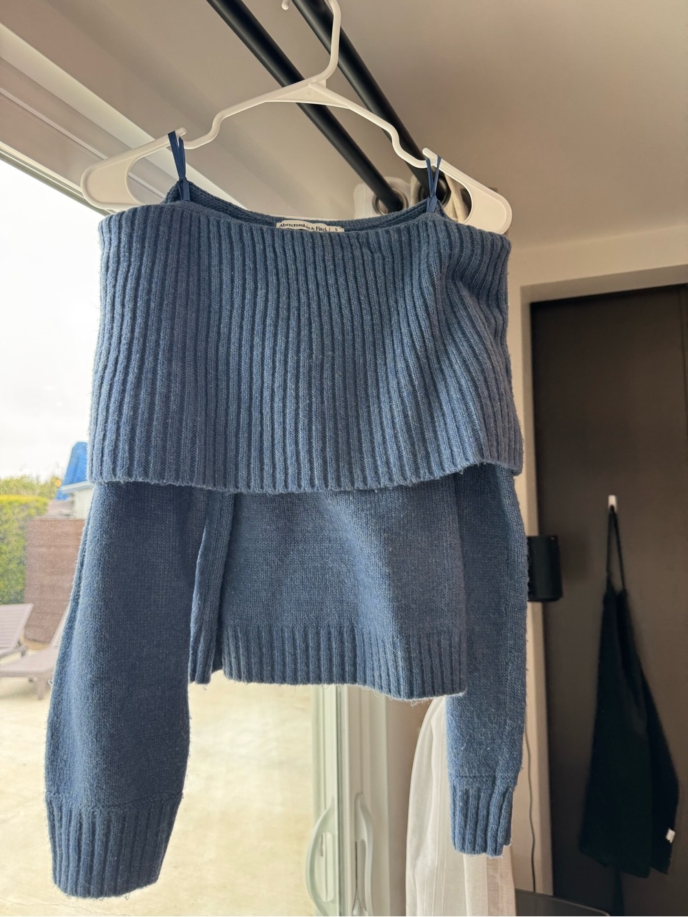 Abercrombie & Fitch Slate Blue Off-Shoulder Ribbed Knit Sweater